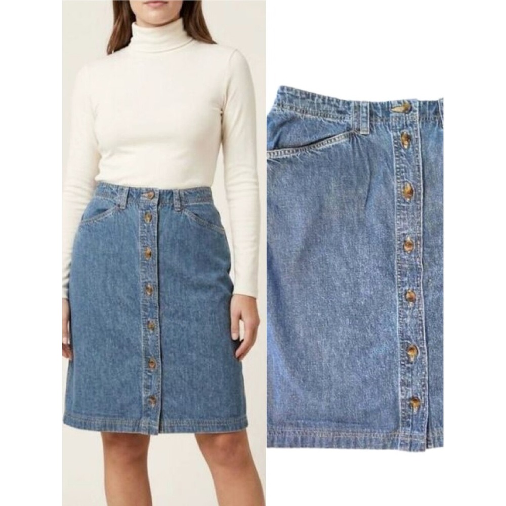VTG 90s Blue Denim High Waist Button Down Front Jean Skirt SZ 12 Coastal Cowgirl
